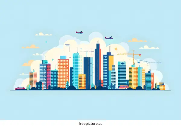 Modern City Skyline with Construction Cranes and Planes in the Sky