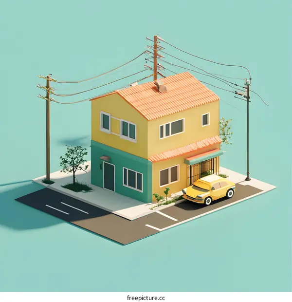 Low Poly 3D Render of a Yellow House with a Car