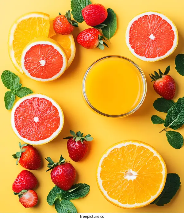 Fresh Orange and Grapefruit Juice with Strawberries and Mint on Yellow Background