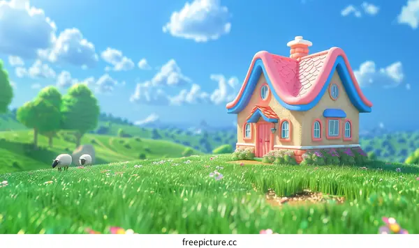 Cartoon Farmhouse on a Green Hillside