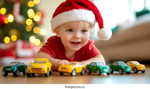 Baby in Santa Hat Playing with Toy Cars near Christmas Tree