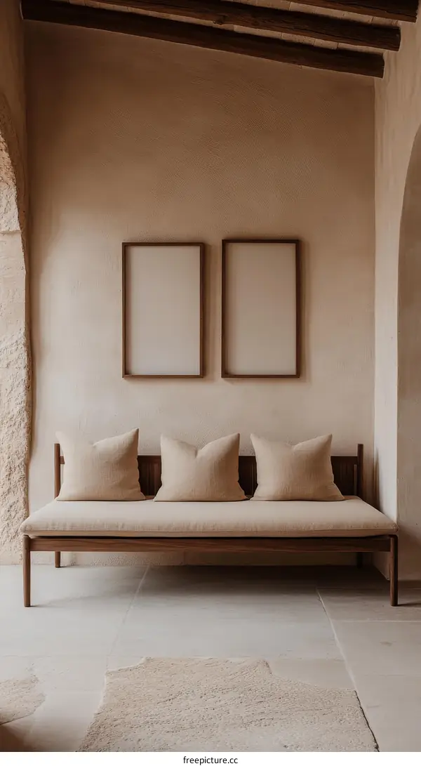 Minimalist Living Room with Wooden Sofa and Pictures