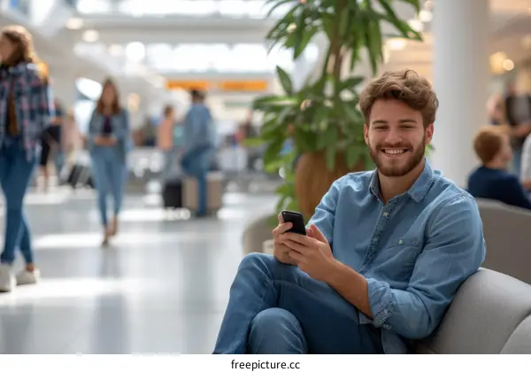 Young man smiling while holding his phone