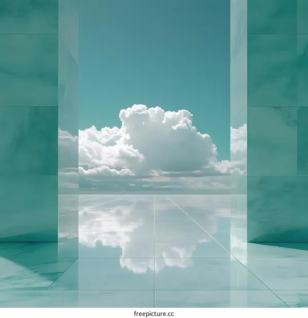 Minimalist Architectural Design with Green Marble Walls and Clouds Reflecting on the Floor