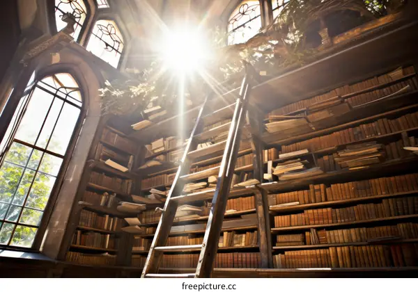 Sunlight shining through a library window onto a ladder and bookshelves