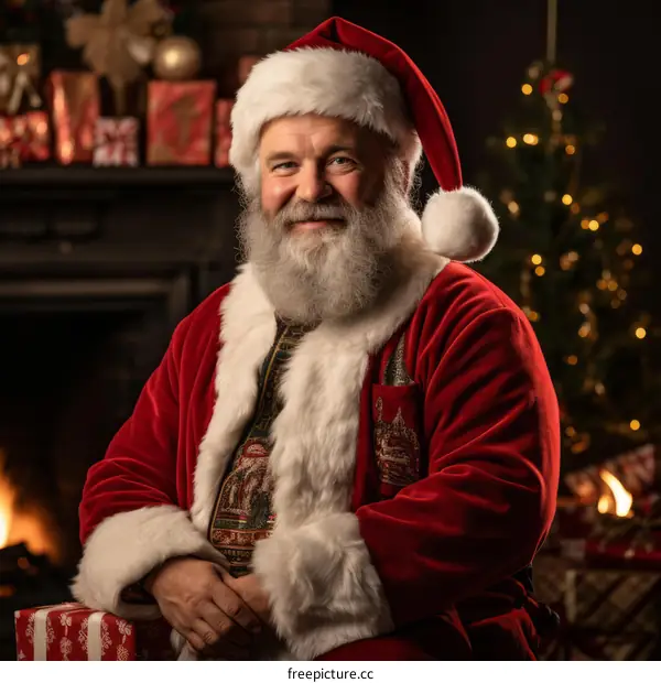 Santa Claus sitting by the fireplace