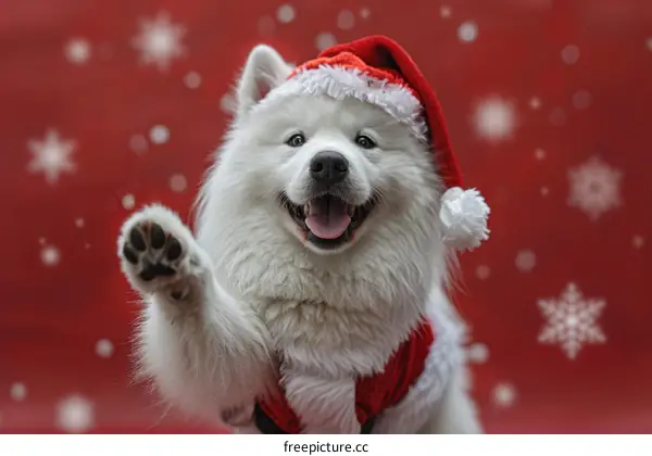 Samoyed dog wearing a Santa hat