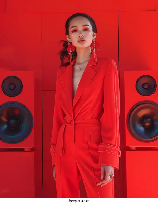 Asian woman in red suit posing in front of red speakers