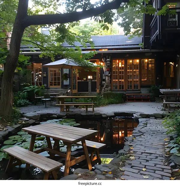 Wooden Bench by Pond in Garden Setting