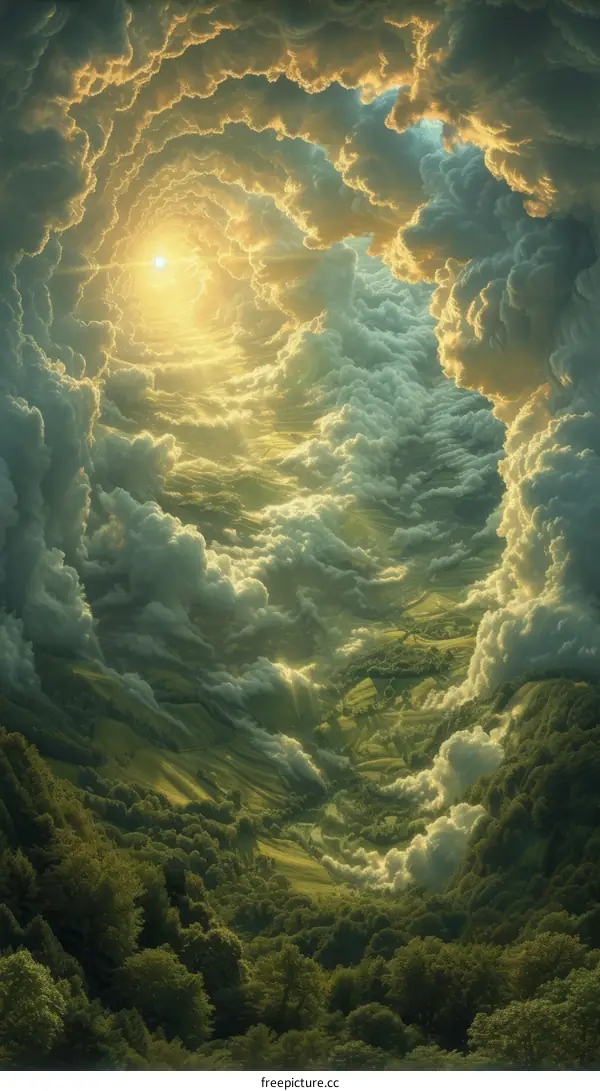 heavenly cloudscape with a sunbeam shining through the clouds