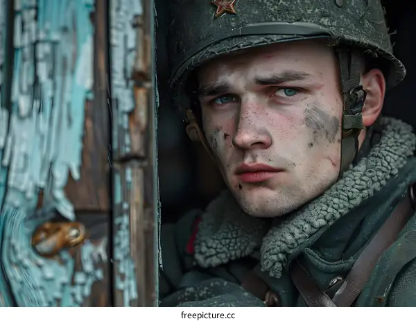 Portrait of a young soldier in a steel helmet