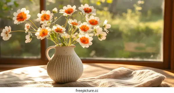 White and Orange Flowers in a Ceramic Vase on a Wooden Table
