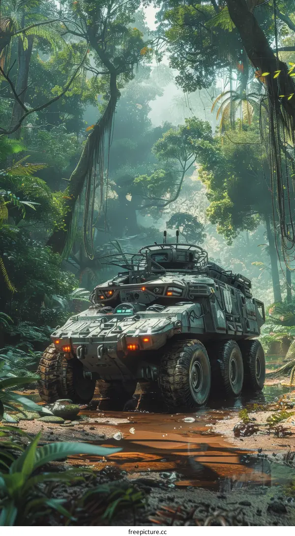 The military vehicle is driving through the jungle