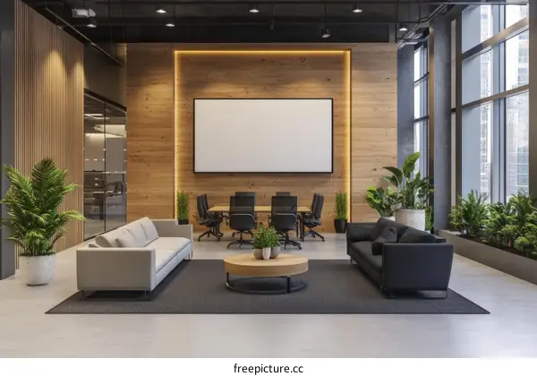 Modern Office Lounge Area with Conference Room View
