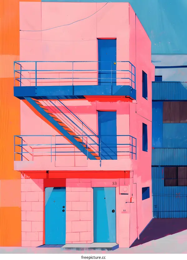 Abstract Illustration of a Pink Building with Blue Doors and Stairs