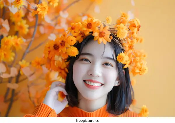 Smiling Asian Woman Wearing A Flower Crown