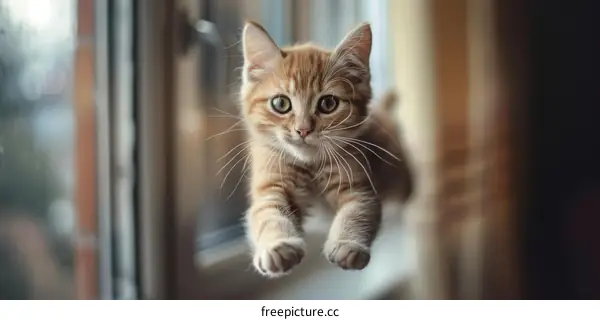 Cute ginger kitten jumping through the air