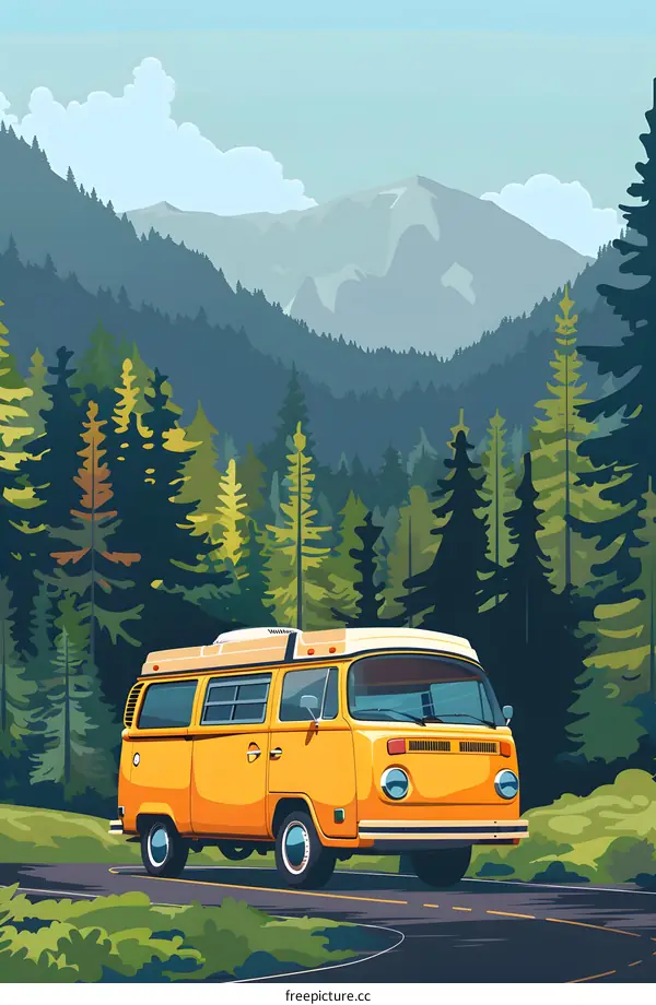 Yellow Vintage Camper Van In Mountain Forest Illustration