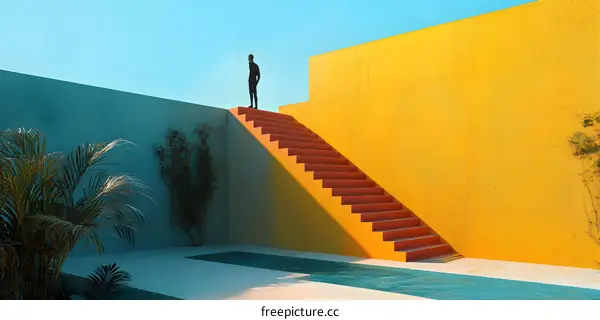 Minimalist Silhouette of Person Standing on Stairs in Front of a Yellow Wall