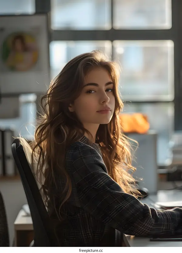portrait of a beautiful young woman in a plaid jacket sitting in an office chair and looking at the camera