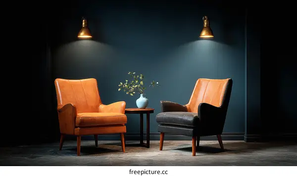 Two Leather Armchairs in a Dark Room
