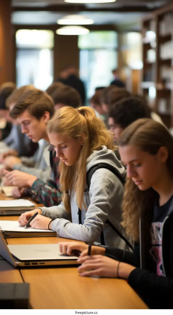 Focused Students Studying Together in a Library