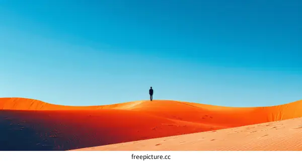 alone man standing on top of sand dune in desert with blue sky