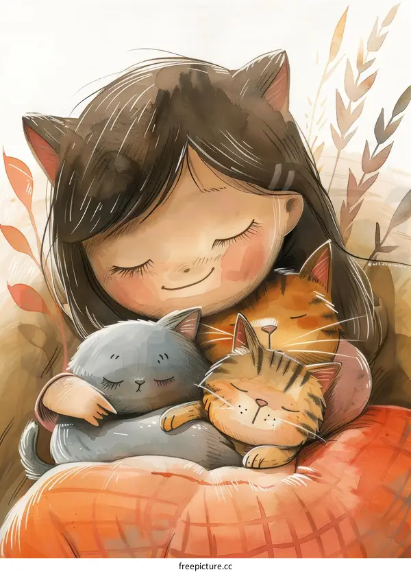 A girl hugging two cats