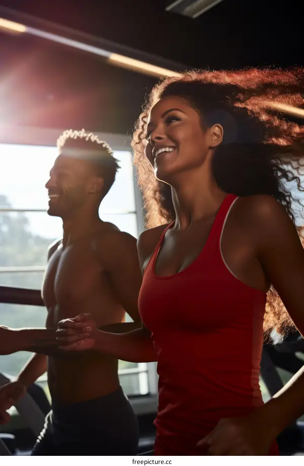 Smiling multiethnic couple running on a treadmill together