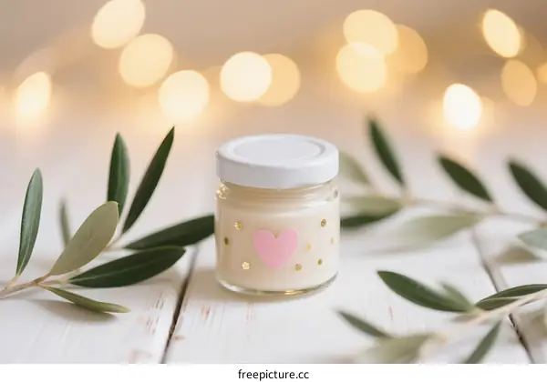 Candle with Heart Decoration and Olive Branches in Soft Light