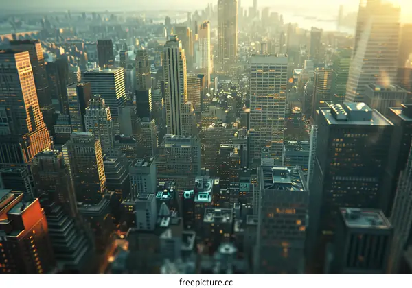 Aerial View of a Modern City at Sunset