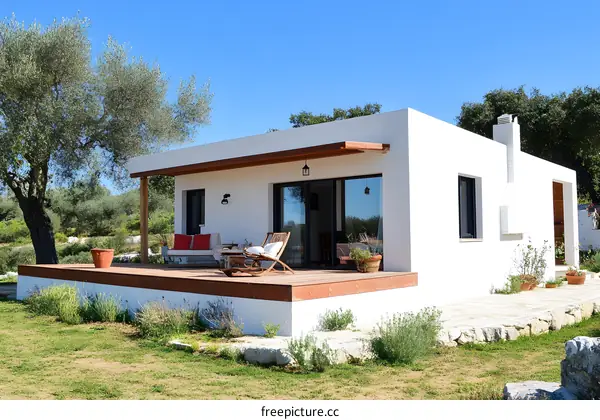 Modern Minimalist White Cottage With Wooden Deck and Olive Trees