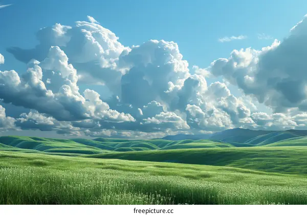 Rolling Green Hills Dotted with White Clouds and a Blue Sky