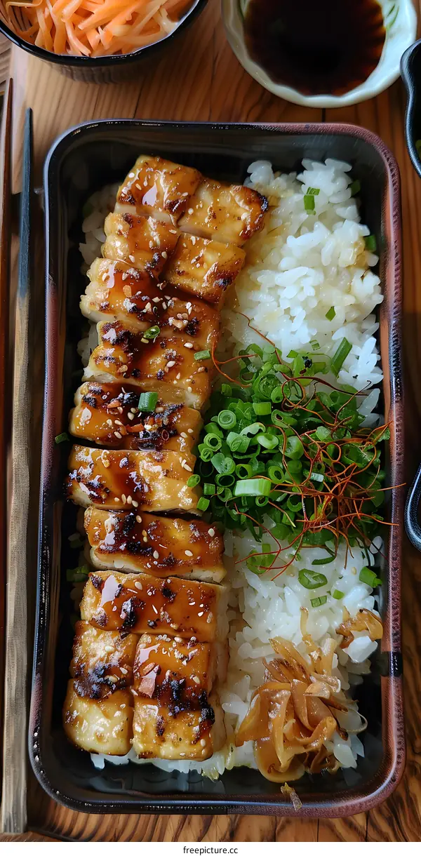 A delicious and healthy Japanese meal with chicken teriyaki, rice and vegetables