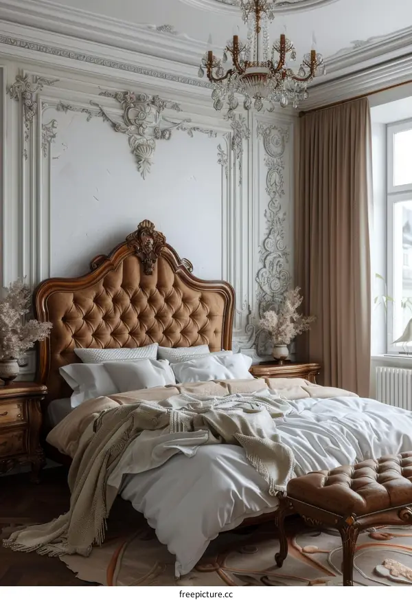 Elegant Bedroom Interior Design With White Bedding And Ornate Headboard