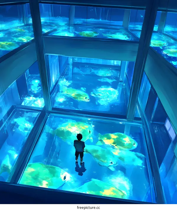 Man Standing on Glass Floor with Fish Swimming Below