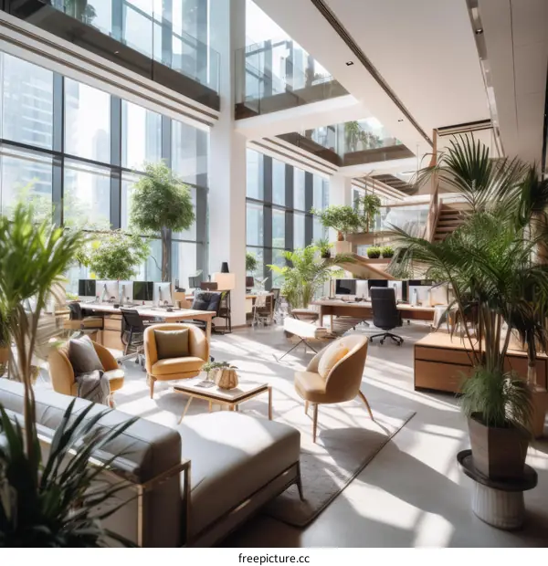 An office space full of green plants, creating a natural and comfortable working environment