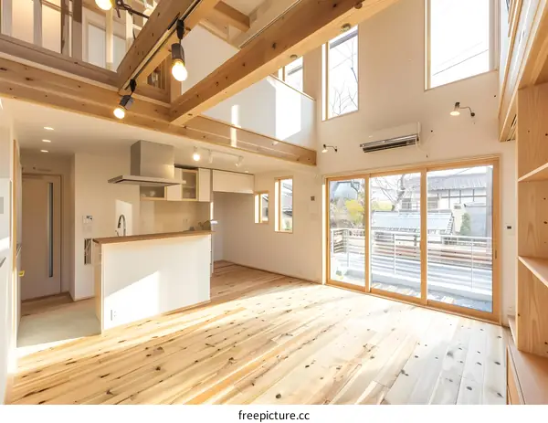 Modern House Interior Design With Wooden Beams And Hardwood Floors