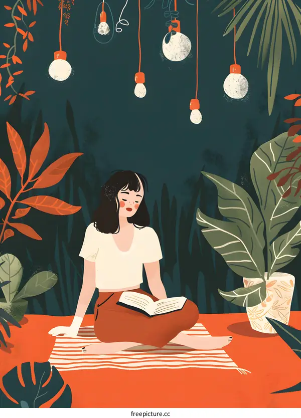 Woman Reading Book in a Tropical Garden with Hanging Lights