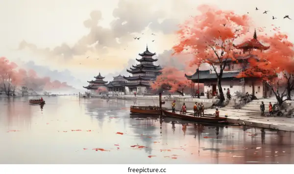 Riverside Town in China: An Illustrated Scene