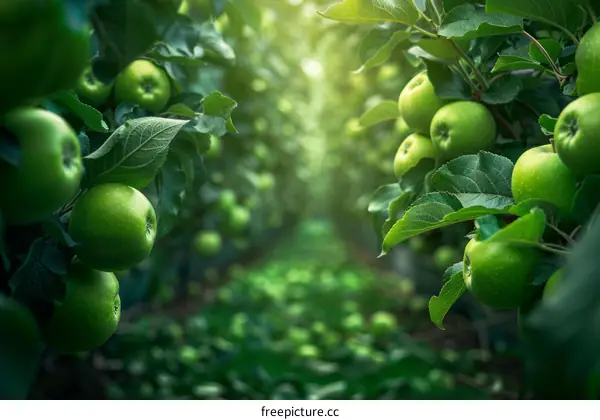 A verdant orchard with ripe green apples hanging from the branches