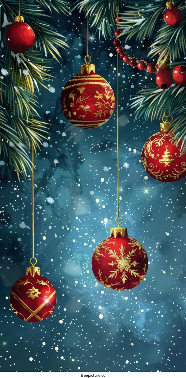 Christmas ornaments hanging from a snowy pine tree branch