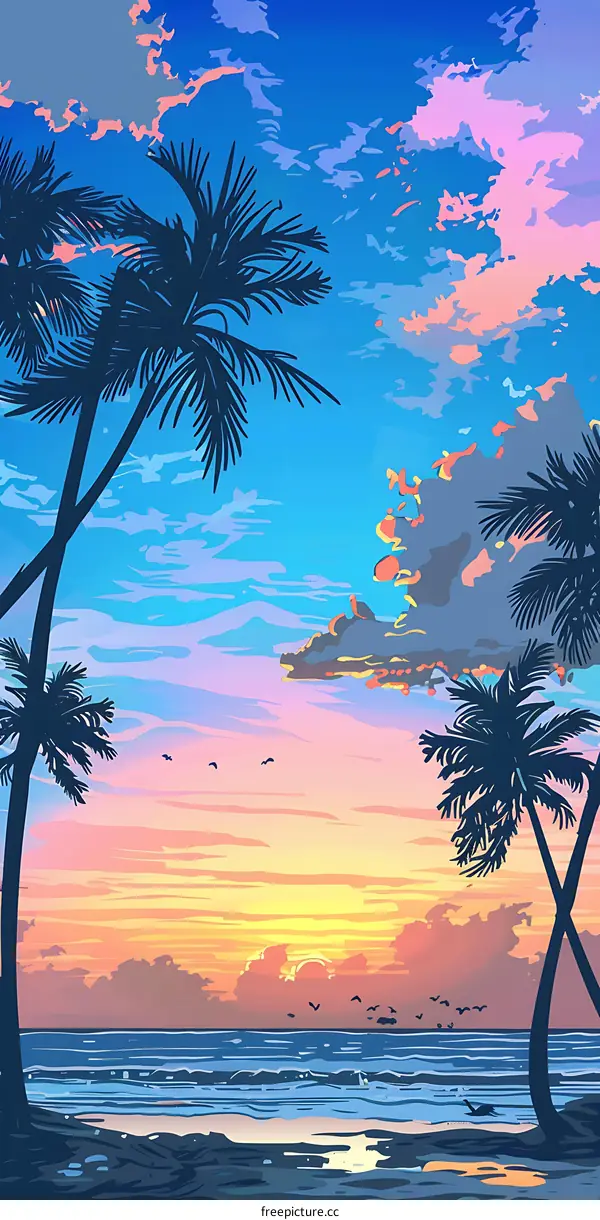 Tropical Beach Sunset Palm Trees Illustration