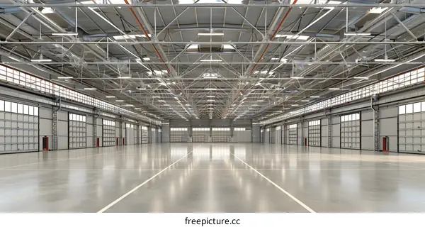 Large Industrial Warehouse with High Ceiling and Concrete Floor