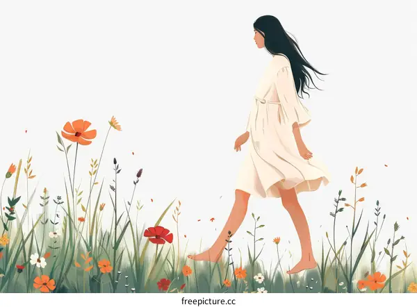 A woman walking barefoot through a field of flowers