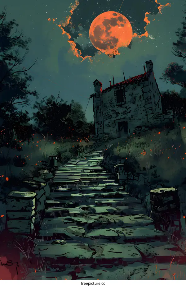 Stone Steps Under a Blood Moon