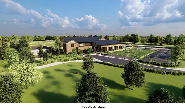 Modern Sports Complex with Green Grass and Blue Sky