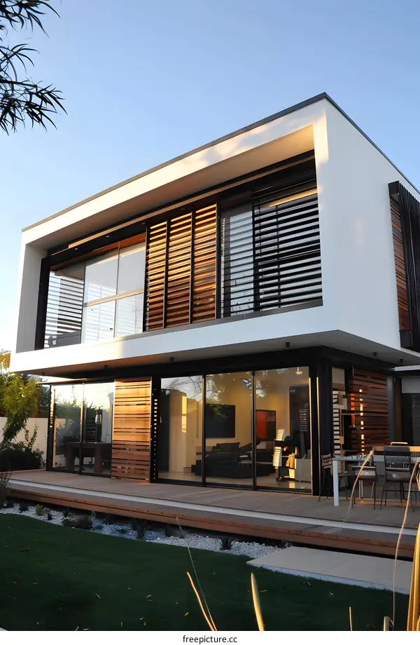 Modern White House with Wooden Shutters and a Patio