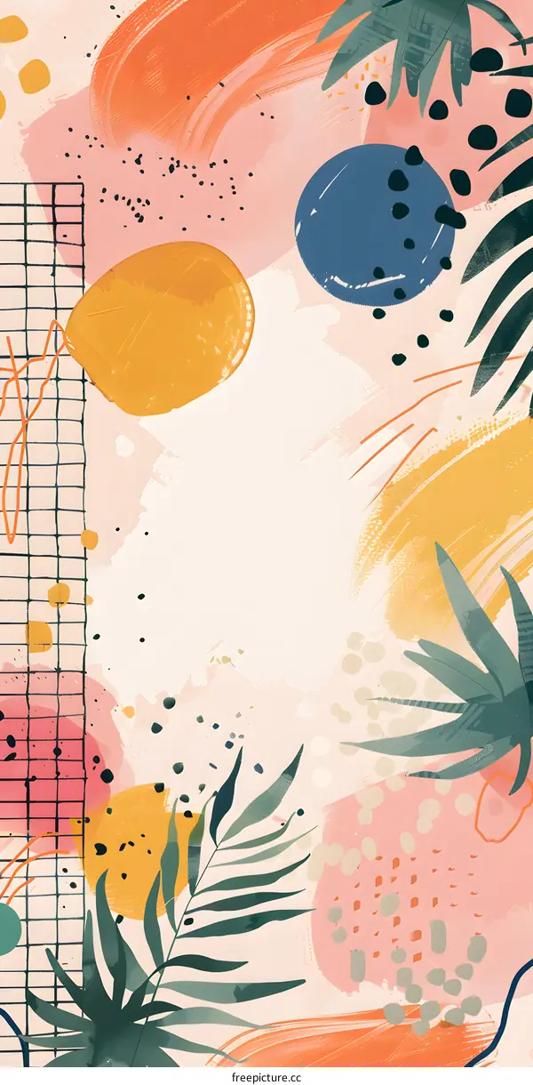 Abstract Summer Tropical Illustration with Hand Drawn Brushstrokes and Palm Leaves