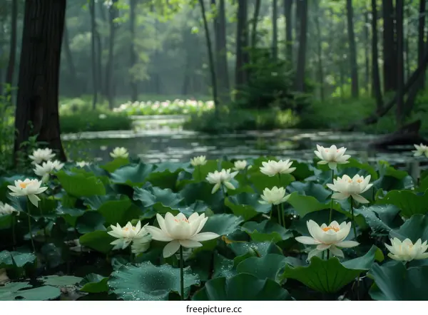 Serene White Water Lilies in a Tranquil Forest Pond